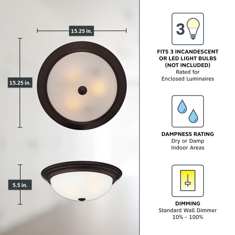 DESIGNERS FOUNTAIN Reedley 3-Lights Flush Mount Ceiling Light, 15 Inch Lighting Fixture for Kitchen, Bedroom, Bathroom, and Hallway, Oil Rubbed Bronze with Etched Glass, 1257L-ORB-W - Image 4